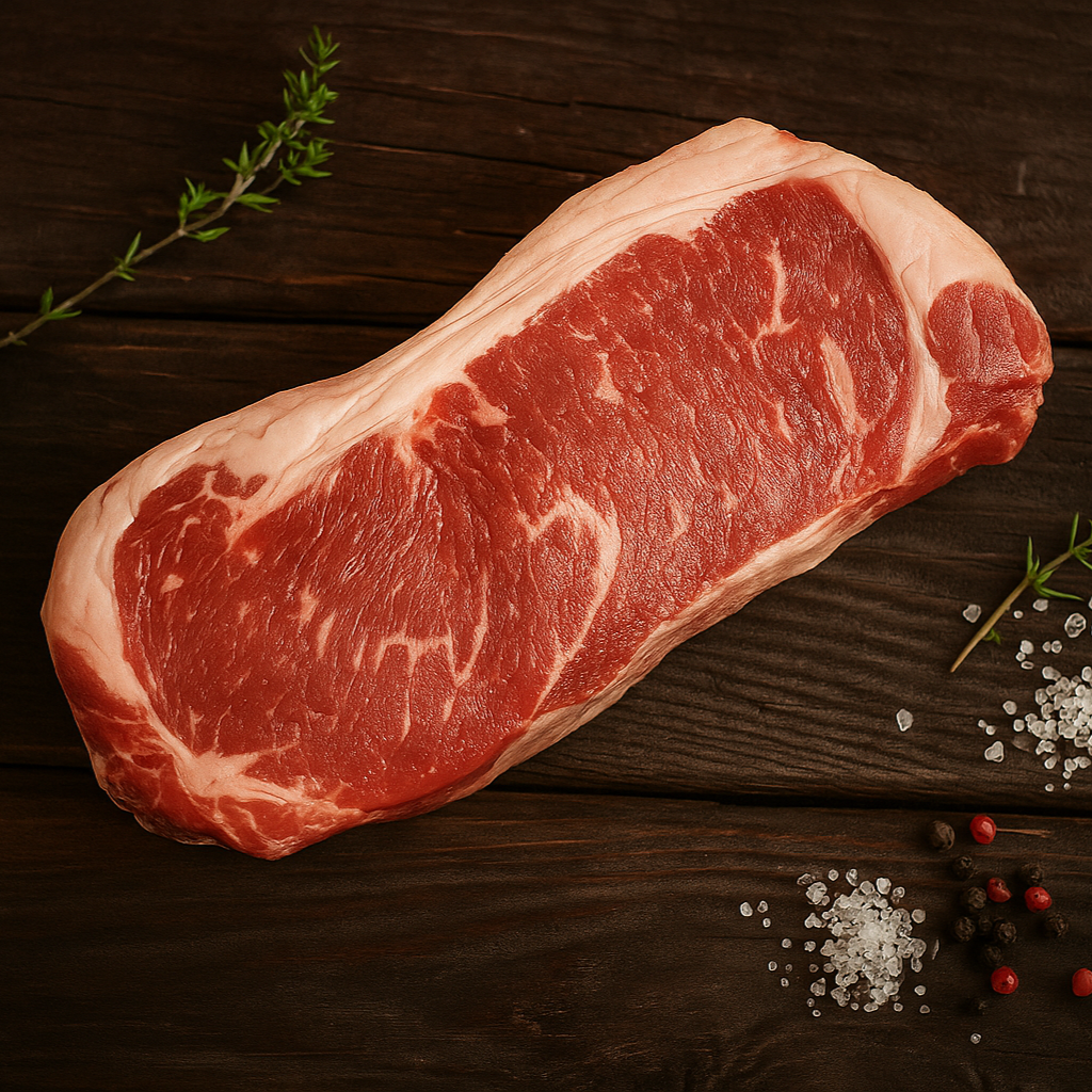 Raw steak on a wooden surface with herbs and spices