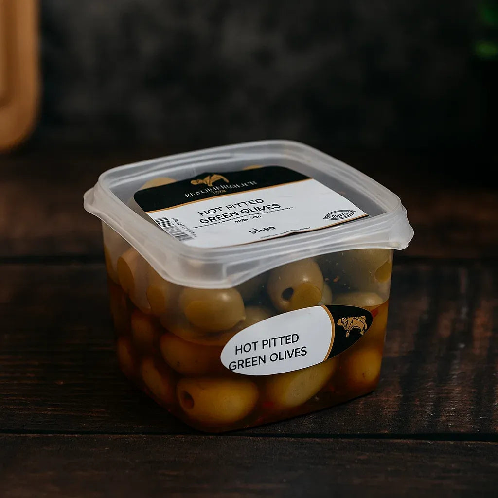 HOT PITTED GREEN OLIVES
